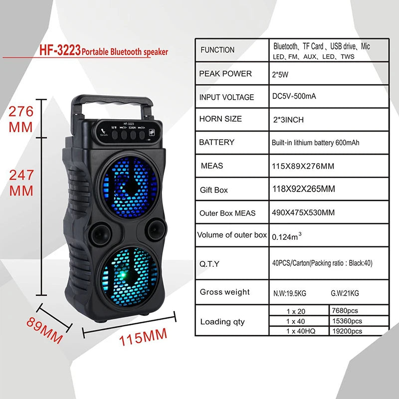 Altavoz Bluetooth Portátil KOQZM – Doble Subwoofer Estéreo para Exteriores