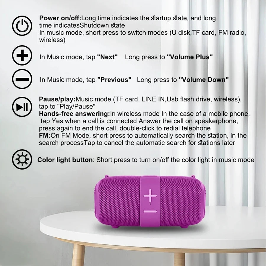 Altavoz Bluetooth Portátil T&G 5W con Subwoofer, Radio FM y Luces LED Multicolor